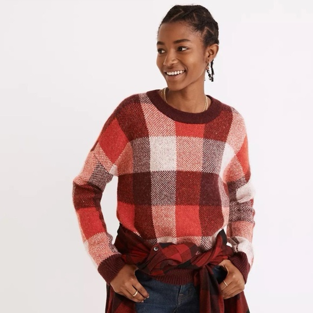Madewell Fenimore Alpaca Wool Blend Red Plaid Sweater Womens Size Medium
